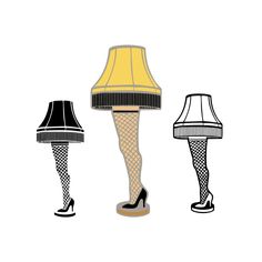 three lamps with different designs on them, one lamp has a black shade and the other is yellow