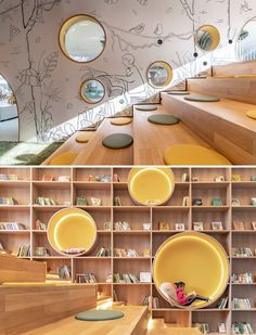 the interior and exterior of a library with bookshelves, shelves, and circular mirrors