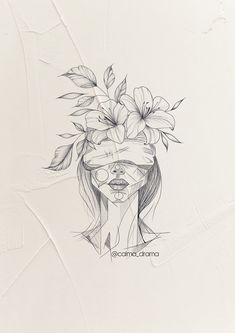 a drawing of a woman with flowers on her head