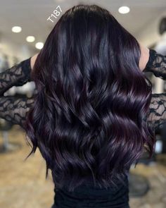 Purplish Black Hair Color, New Dark Hair Color Ideas, Black Hair With Red Violet Balayage, Black Amethyst Hair Color, Black Hair Plum Highlights, Black Orchid Hair Color, Midnight Violet Black Hair Color, Black Hair With Purple Lowlights, Black Hair With Tint Of Color