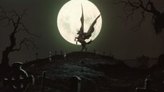 an animated image of a witch flying in front of a full moon with tombstones