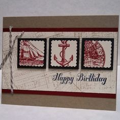 a happy birthday card with stamps on it and an anchor, ship, and globe