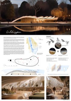 an architectural presentation board with images and text describing the various stages of building design in different areas