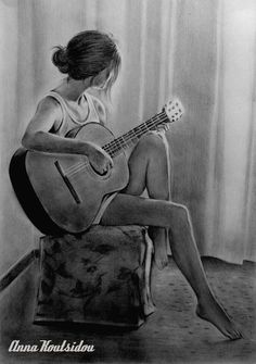 a pencil drawing of a girl playing the guitar