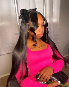 Wig Install With Bow, Bow Wig Hairstyle, Wig Birthday Party, Wig With Bow, Bow Style Wig, Wig Hairstyles With Bow, Curls For The Girls