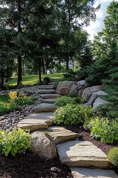 a stone path surrounded by trees and bushes