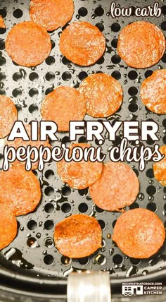 an air fryer with hamburgers cooking in it and the words, air fryer pepperoni chips