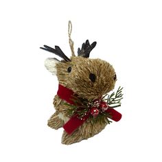 a christmas ornament hanging from a rope with reindeer antlers on it's head