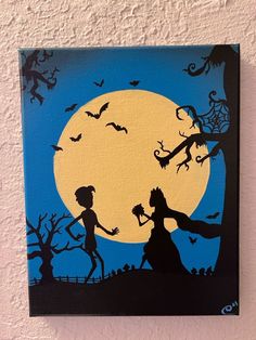 a painting of two people holding hands in front of a full moon with bats and pumpkins