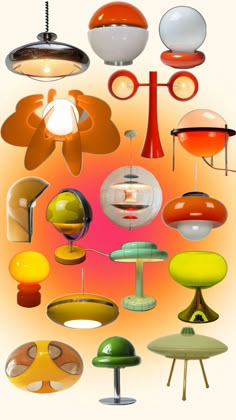 an assortment of different colored lamps and lightshades in various shapes and sizes on a white background