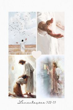 three pictures of jesus and two doves with the words, i am not sure what they are