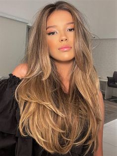 Long Layer Thick Hair, Long Layer Balayage, Thick Hair Layers Long, Long Hair Layers Side Part, Layered Hair Thinner Hair, Three Layer Haircut, Womens Layered Haircut, Long Thick Layered Hair, Layered Thick Hair