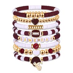 PRICES MAY VARY. ♥ Game Day Bracelets -- Support your favorite sports teams in style with our game day heishi bracelets. We offer a wide variety of colors and styles to match your favorite team's jerseys. These 8 strands of beaded stretch bracelets consist of tiny beads and 6mm polymer clay beads in vibrant team colors, accent with letter ‘#1’, ‘GO’ and ‘GAME DAY’, playful yet sophisticated. Embrace the thrill of gameday or liven up your everyday looks with these red/blue spirit day accessories Clay Bead Bracelets With Charms, Womens Beaded Bracelets, Personalized Name Bracelets, Cute Bracelet Stacks, Seasonal Bracelets, Cute Clay Bead Bracelets, Polymer Clay Bracelet Ideas, Clay Bead Designs, Summer Beach Accessories