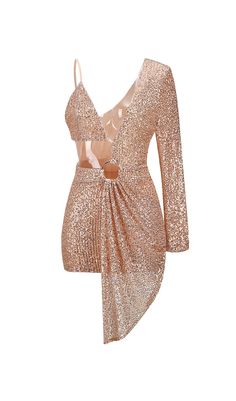 ONE SLEEVE SEQUINS MINI DRESS IN GOLD Dress Reference, Sparkly Mini Dress, Mini Dress Long Sleeve, Gold Sequin Dress, Formal Outfits, Long Sleeve Sequin, Fashion 2024, Sequin Mini, Asymmetrical Design