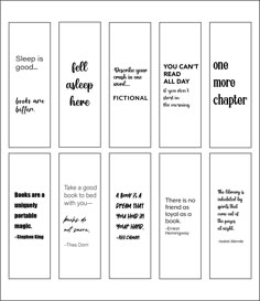 six bookmarks with different words and phrases in black and white, each one has an image