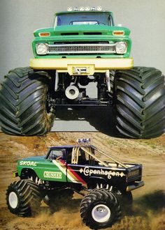 the monster truck is green and yellow in color