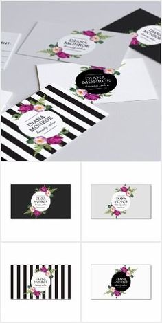 some business cards with flowers on them and black and white striped paper in the middle