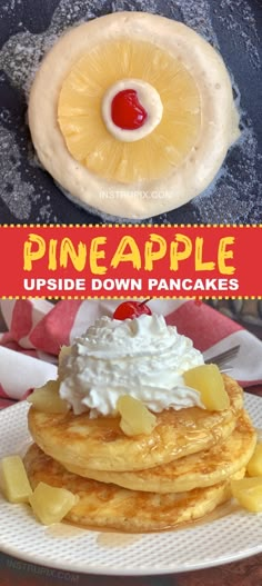 pineapple upside down pancakes with whipped cream on top