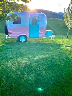 a pink and blue trailer parked on top of a lush green field next to a tree