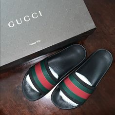 Style 308234 Gib10 1098 - 100% Authentic Black Rubber Sole With Green And Red Web Rubber Strap Gucci Logo Embossed On The Sole Made In Italy *Ships In Original Gucci Box With Receipt For Authenticity If Desired *No Longer Available On The Gucci Website. These Will Be Vintage Gucci Box, Red Web, Shoes Gucci, Gucci Logo, Green And Red, Gucci Black, Gucci Shoes, Black Rubber, Flip Flop Sandals