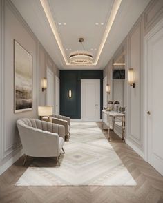 an elegant hallway with white walls and wood flooring