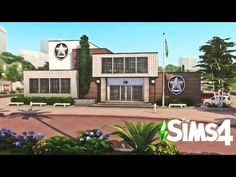 the sims4 building is surrounded by trees and bushes, with blue flowers in front