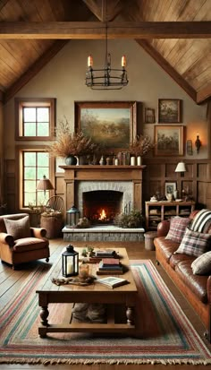 a living room filled with furniture and a fire place in the middle of a room