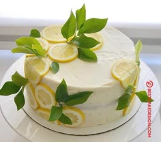 a white cake with lemon slices and green leaves