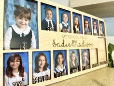 a wooden photo frame with the names and pictures of students in their school years on it