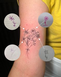 a woman's arm with flowers on it and labels attached to the back of her arm