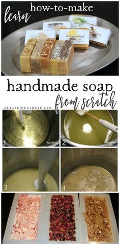 how to make handmade soap from scratch with pictures and instructions on the side, including four different types of soaps