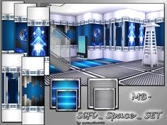 an image of a futuristic space setting with blue and white accents on the walls, windows, and floor