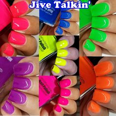 Our Jive Talkin' Neon Collection is the perfect summer bright crème polish collection. (Black Light Reactive-Excluding Purple)) Far Our Man-Bright Blue Can You Dig It?-Bright Green Outta Sight-Bright Yellow Hip To The Groove-Bright Orange Catch My Drift-Bright Coral Pink Whats Shakin'?-Bright Magenta Pink Gimme Five-Bright Purple Our Nail Polishes are large 15ml bottles and are Cruelty Free and 5 Free Our Nail Polish is a large 15ml bottle and is Cruelty Free and 21 Free.  What is 21-free? Many Bright Blue Nails, Bottle Picture, Magenta Pink, Jive, Bright Purple, Dope Nails, Nail Polishes, Us Nails, Blue Nails