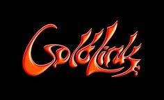 the word goldfish in red and black on a black background with an orange swirl