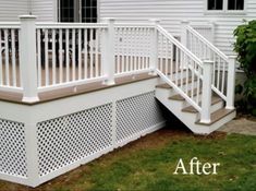 before and after photos of a white deck with trellis