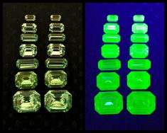 several different types of green glass beads on a black background and an image of the same color