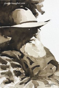 a watercolor painting of a man wearing a hat with his hand on his shoulder