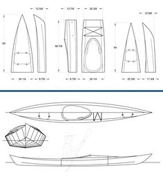 the plans for a canoe are shown in two separate sections, one with an oar and