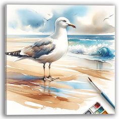 a watercolor painting of a seagull on the beach