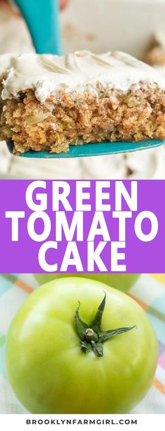 a green tomato cake with white frosting on top and an apple in the background