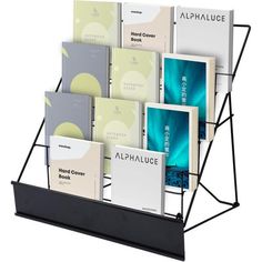 a rack with books and binders on top of each other in front of a white background