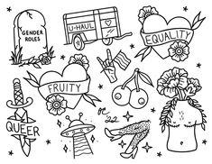 a black and white drawing of different tattoos