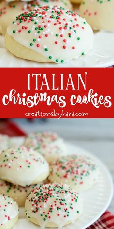 italian christmas cookies with white frosting and sprinkles are on a plate