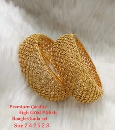 Wide kadas/bangles gold polished. Openable real gold look alike kadas have beautiful mesh design all over it. The openable option makes it easy to wear. Looks like real gold bangles/kadas. Kadas Bangles, Cash Indian, Gold Set Design, Dubai Gold Bangles, Big Earrings Gold, 22k Gold Bangles, Dubai Gold Jewelry, Gold Jewels Design, Gold Bangles For Women