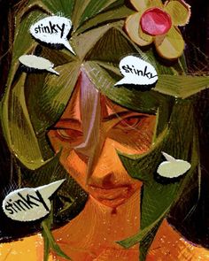 a painting of a woman's face with words written on her forehead and flowers in her hair