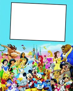 there are many cartoon characters with a white board in the middle of them, all grouped together