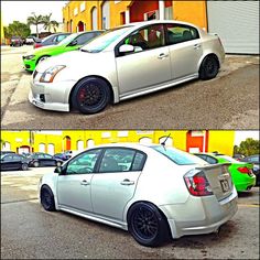 two pictures of the same car side by side in different colors and sizes, one with black rims