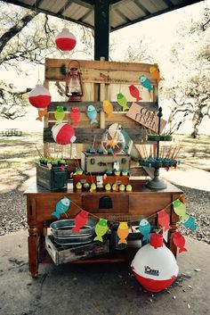 a table with many items and decorations on it