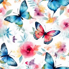 watercolor butterflies and flowers on a white background with blue, pink, yellow and red colors