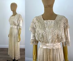 Such a lovely cream silk, lace and embroidered tulle Edwardian afternoon dress (circa 1912) with amazing details.  The bodice has a modest square neckline with draped flanges over the shoulder.  Silk half sleeve with lace hem.  Silk sheered center front panel and cummerbund.  Hook and eye closures center back.  The overskirt is an embroidered tulle and the underskirt is silk.   No label. Condition is poor.  Signs of general wear and age.  The skirt has significant discoloration and staining, see pics.  The silk is   shattered here and there throughout, see pics, especially under the arms, at the closures and cummerbund.  Some holes in the tulle.  Be sure to check out all detail pics for condition.   Measurements Bust: 35" Waist: 26" Hip: 42"  Across Shoulder Back: 13 3/4" Length Center Bac Afternoon Dress, Embroidered Tulle, Silk Lace, Cream Silk, Lace Hem, Tulle Lace, Day Dress, Embroidered Silk, Dress Clothes For Women